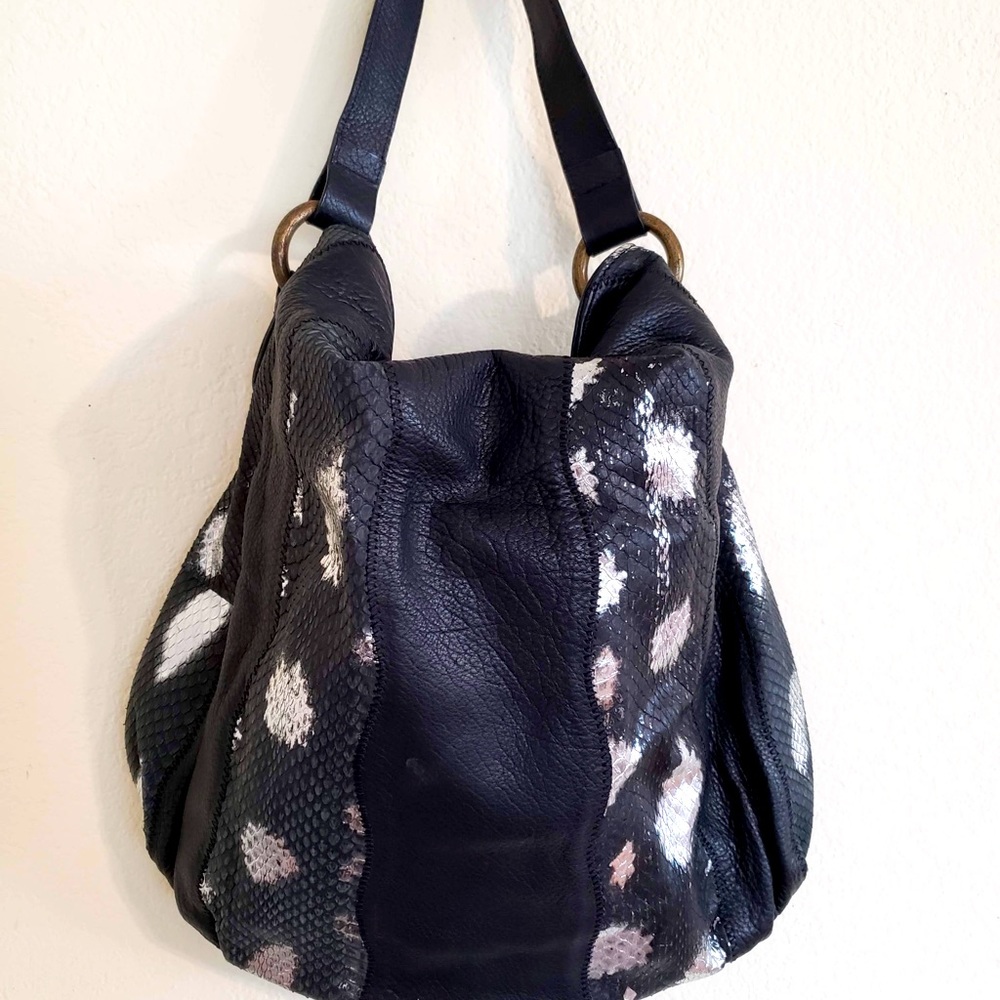 Chi by Falchi Hobo Bag Black soft leather Silver leopard print strips 17” wide